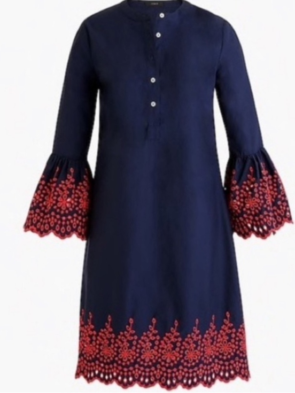 J crew Navy Embroidered Bell-Sleeve Dress with Red Trim